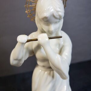 FLAWED White Porcelain Flute Playing Angel Figurine 8"